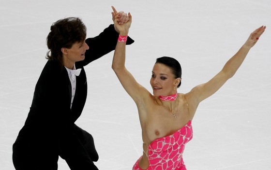 Rubleva of Russia loses her top as she performs with Shefer during the Ice Dancing Compulsory Dance at the European Figure Skating Championships in Helsinki